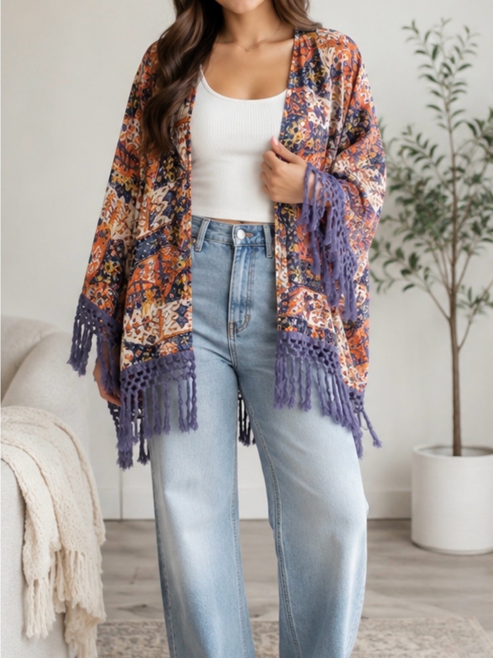 RVCA Patchwork Fringe Kimono in Orange & Purple